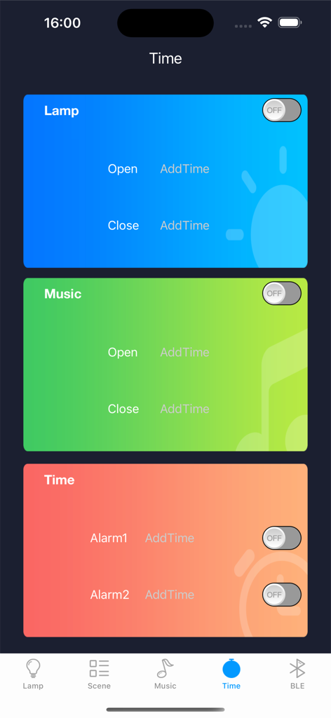Smart Lamp Pro - Smart Lamp Pro app interface showing timing and alarm settings for lights and music