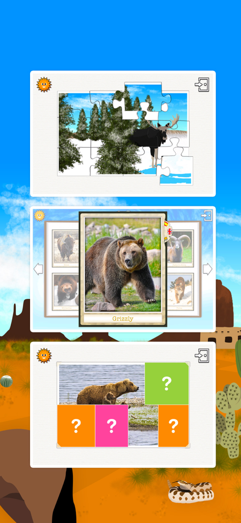 Aplicativo Mundo Animal mostrando quebra-cabeças educacionais e cartões de fotos de animais