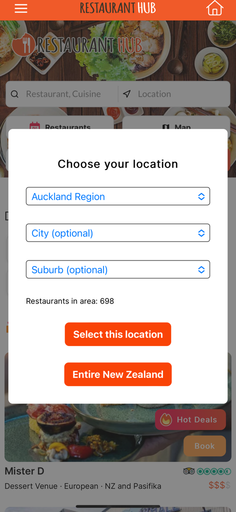 Restaurant Hub - For Customers - Location selection screen in the Restaurant Hub app showing options for Auckland Region in New Zealand