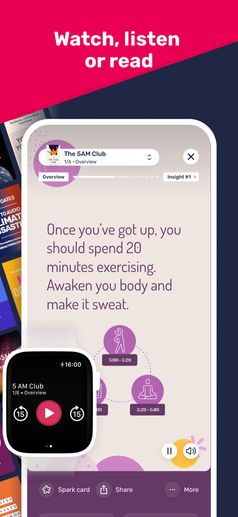 Uptime: Get smarter, stand out - Smartphone and smartwatch screens showing a visual and audio summary of the book The 5AM Club in the Uptime app.