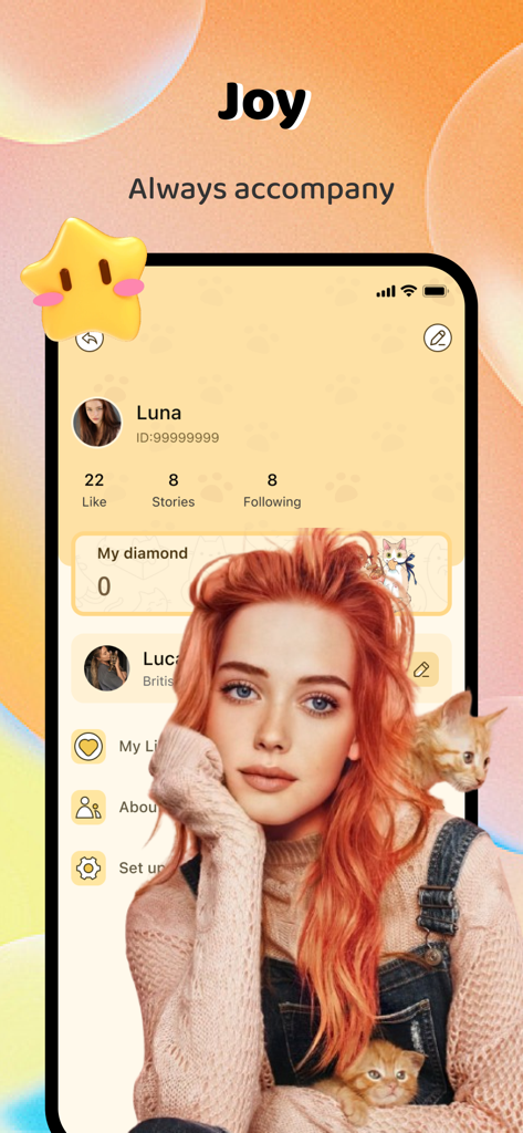 User profile interface of the Furry Chat and Match app with a warm and cozy aesthetic
