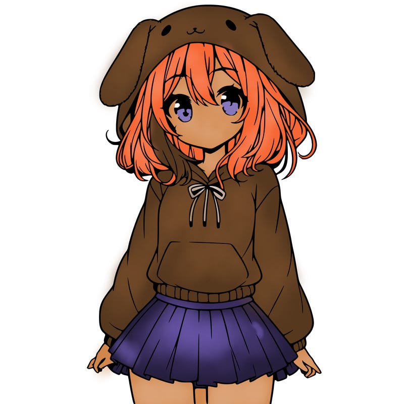 pretty anime girl wearing a fluffy hoodie with bunny ears on the hood and a skirt