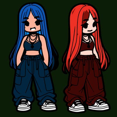 girl in baggy pants crop top and long hair