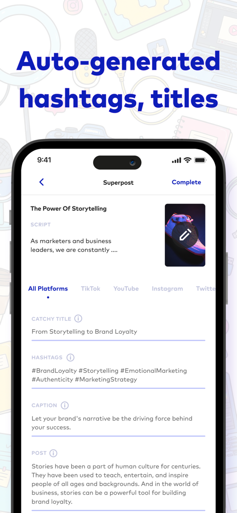 Mobile app interface showing AI auto-generated hashtags titles and captions for multiple social media platforms