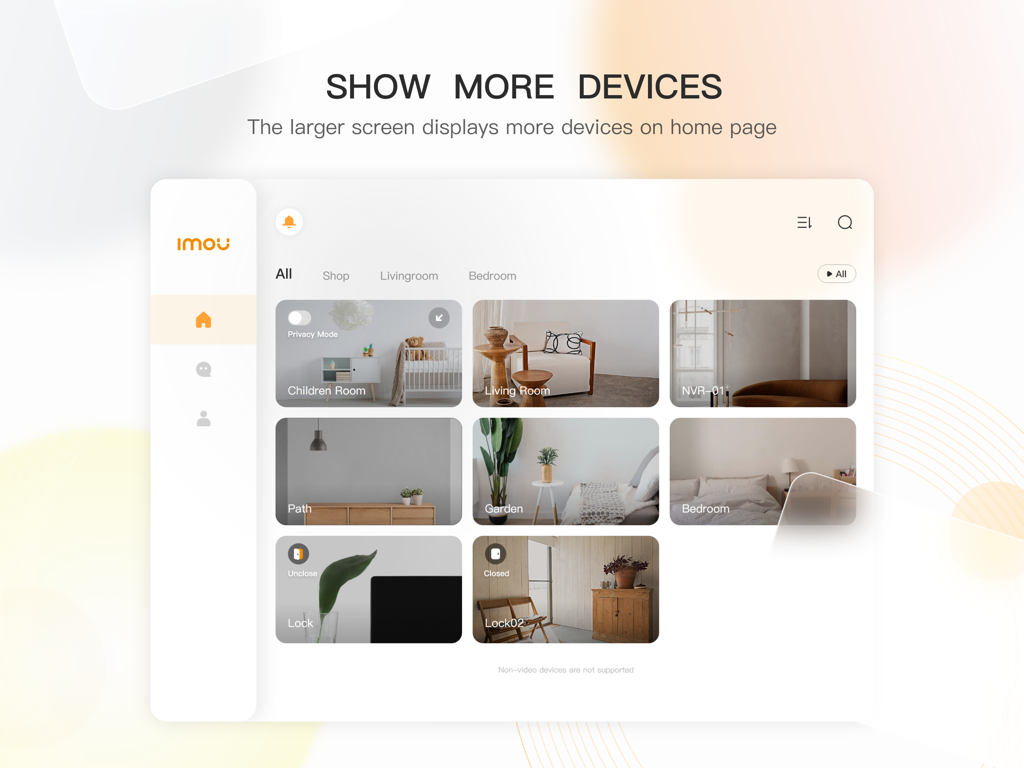 Schermata principale dell'app Imou Life HD su un iPad che mostra feed di più telecamere smart home in un layout a griglia