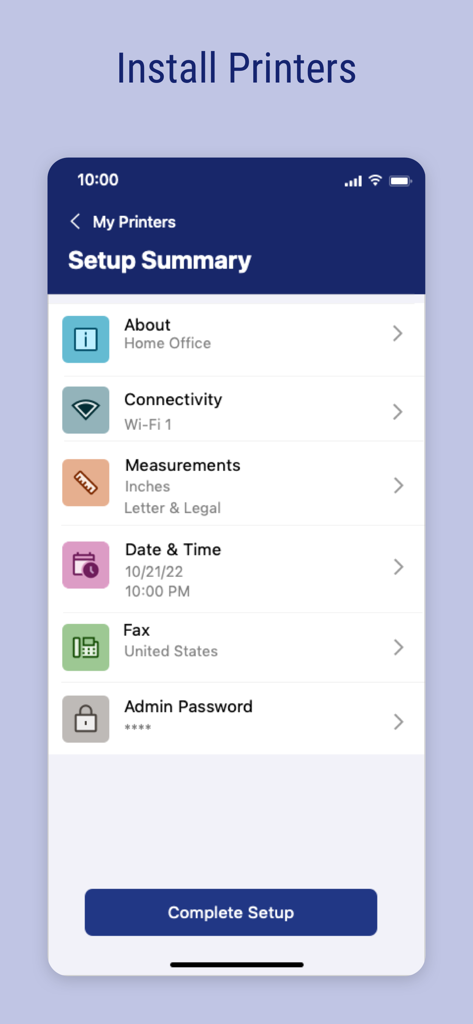 Xerox® Easy Assist - A smartphone screen displaying the setup summary for a Xerox printer in the Xerox Easy Assist app.