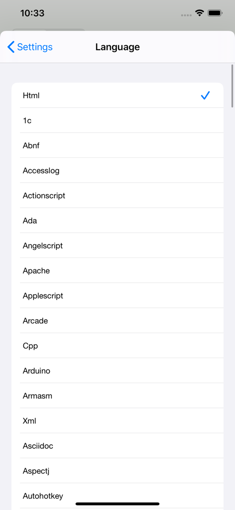 HTML Viewer Pro - A list of supported programming languages in the HTML Viewer Pro app settings menu.