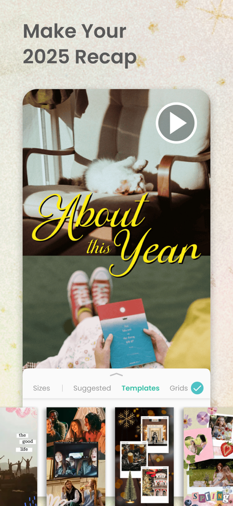 PicCollage app displaying a 2025 recap video template with curated photo and layout options.