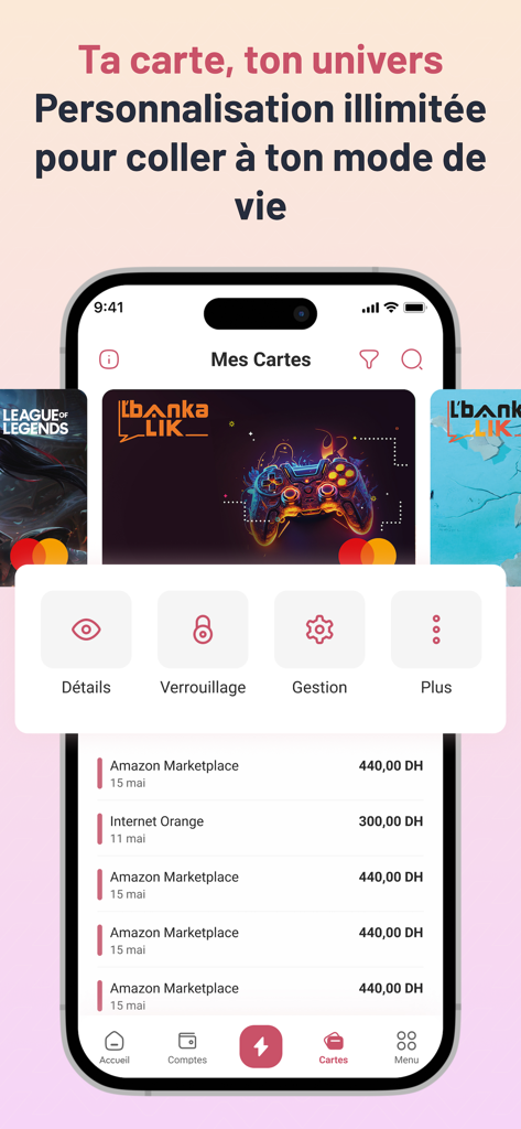 L'bankalik - L'bankalik app interface showing card personalization options and transaction history for Moroccan digital banking