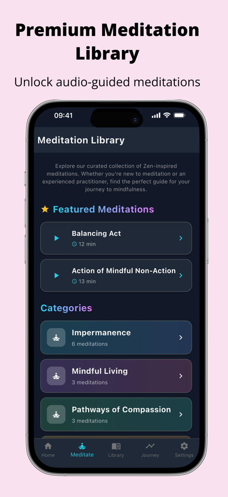 Zen Daily: Buddhism Practice - Pantalla de la biblioteca de meditación de la app Zen Daily que muestra meditaciones guiadas destacadas y categorías como Vida Consciente.