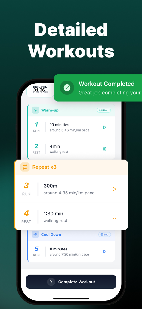 Couch to 5K Run: Running Plans - Pantalla detallada de entrenamiento de carrera que muestra intervalos de carrera de calentamiento y fases de enfriamiento.