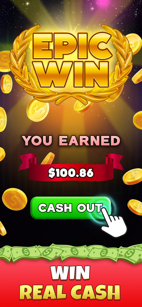 Marble Cash - Captura de pantalla de la aplicación Marble Cash que muestra una pantalla de Victoria Épica con 100 dólares en ganancias y un botón para retirar dinero