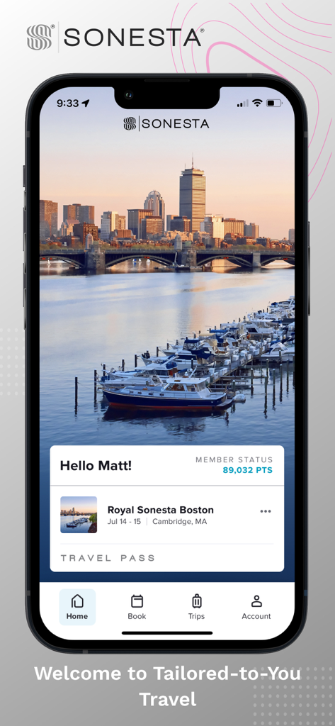 Sonesta - Startbildschirm der Sonesta App mit Mitgliederpunkten und Informationen zu bevorstehenden Reisen
