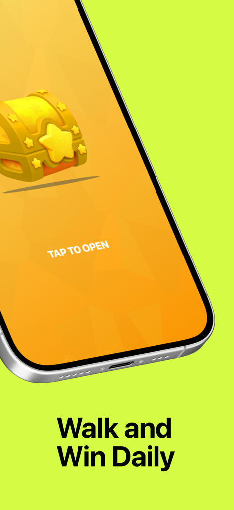 LootGO - Pantalla de la aplicación móvil LootGO que muestra un cofre del tesoro dorado con el lema Camina y Gana a Diario