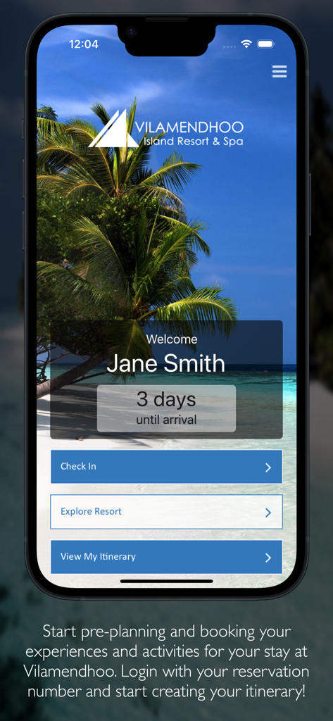 Vilamendhoo - Vilamendhoo resort app welcome screen with arrival countdown and check in options