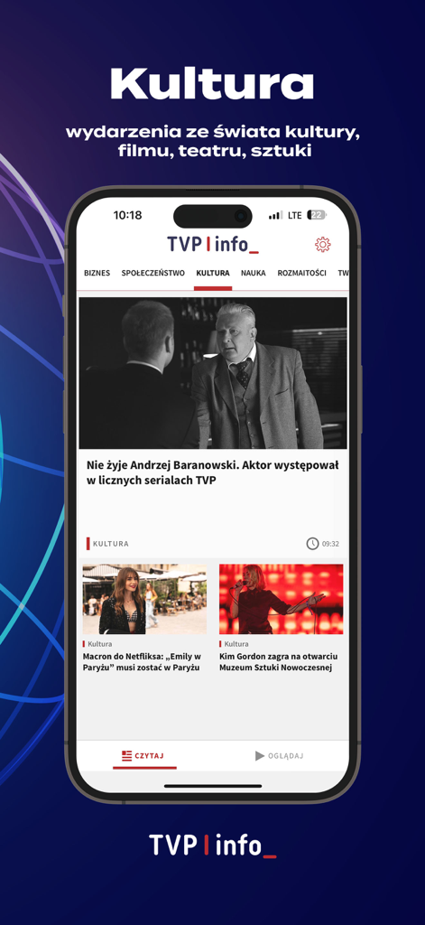 TVP Info - TVP Info mobile app culture news feed showing articles about film and art events in Polish.