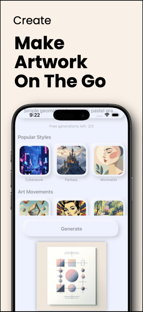 Pocket Posters: AI Video AR - Tela do iPhone do aplicativo Pocket Posters mostrando estilos populares de arte com IA como Cyberpunk e Fantasia