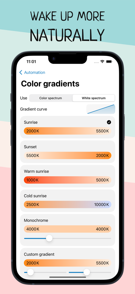 Wake Up Light – Sunrise Alarm - Paramètres de dégradé de couleur dans l'application Réveil Lumineux pour l'automatisation de la maison intelligente, montrant différentes options de température pour le lever et le coucher du soleil.