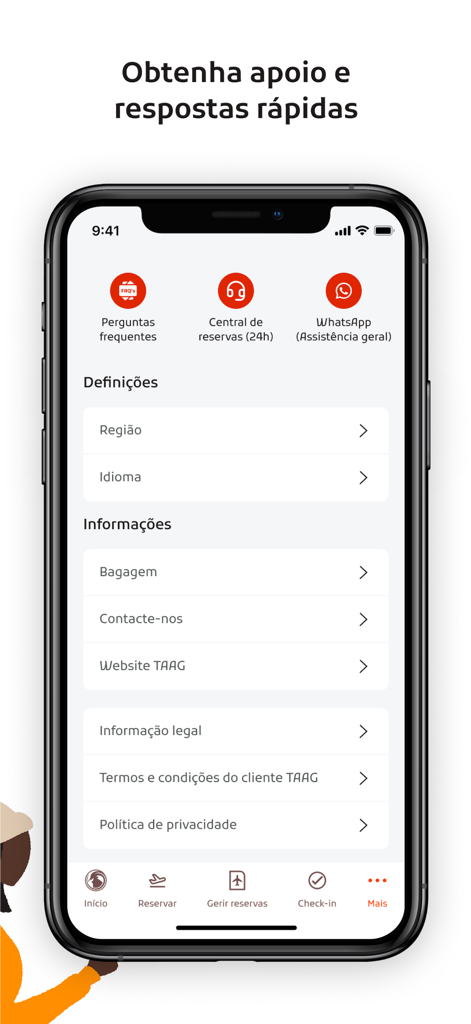 FLYTAAG app support screen with options for WhatsApp assistance and settings.