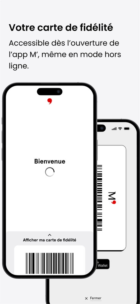 M' Monoprix - Schermata dello smartphone che mostra la tessera fedeltà digitale Monoprix e un codice a barre