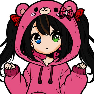 cute anime girl with ponytails and a cute bear hoodie
