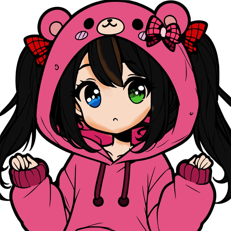 cute anime girl with ponytails and a cute bear hoodie