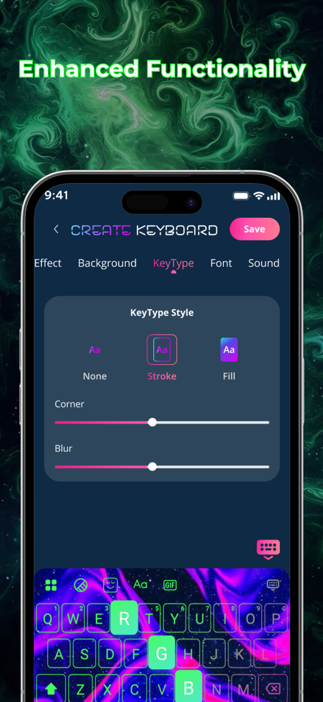 Interface of the LED Keyboard app showing key style customization and neon lighting preview