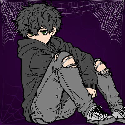 a male hoddie ripped jeans messy hair anime