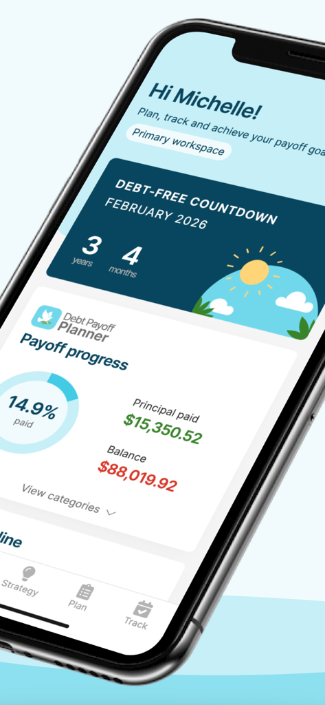 Mobile app interface showing debt payoff progress percentage and a countdown to a debt free date