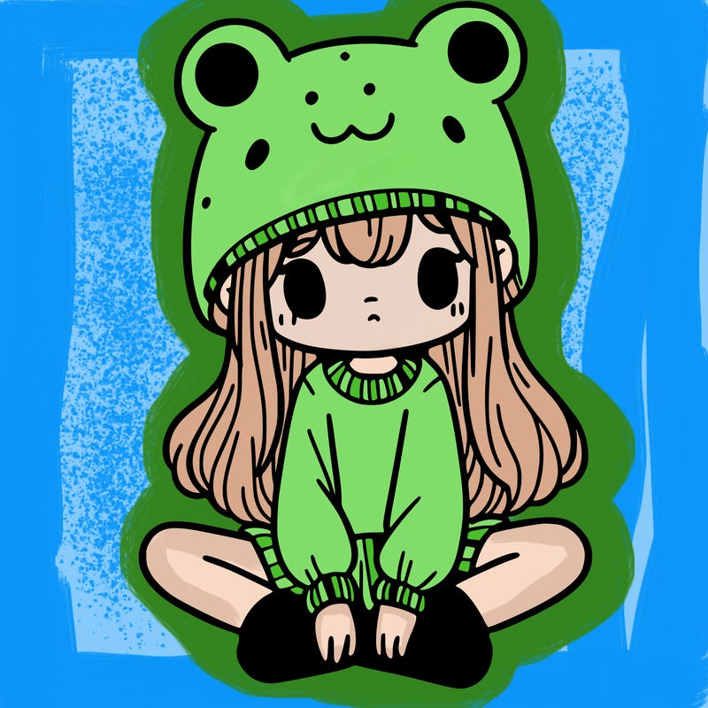 a girl wearing a frog hat and some frog socks