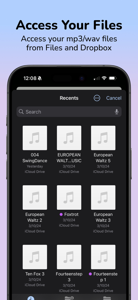 SkateLoops: MP3 Practice App - Interface of the SkateLoops app showing a list of imported MP3 music files for skating and dance routines