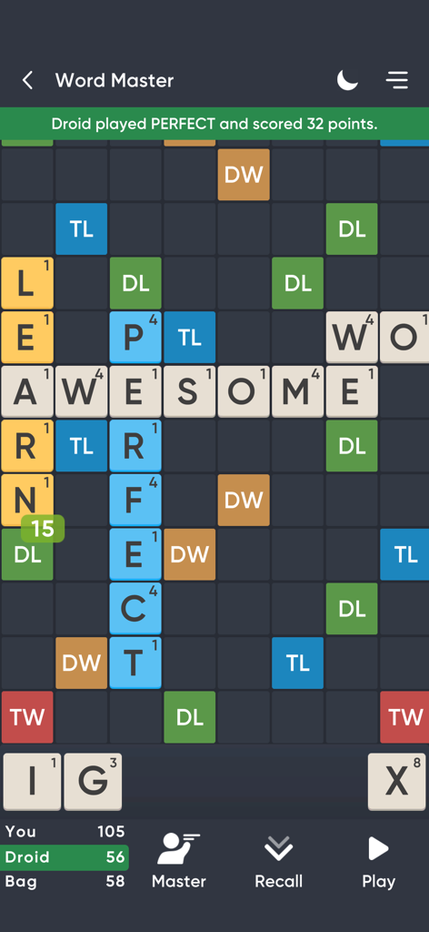 Gameplay screenshot of Word Master Pro showing tiles on a crossword board against an AI droid