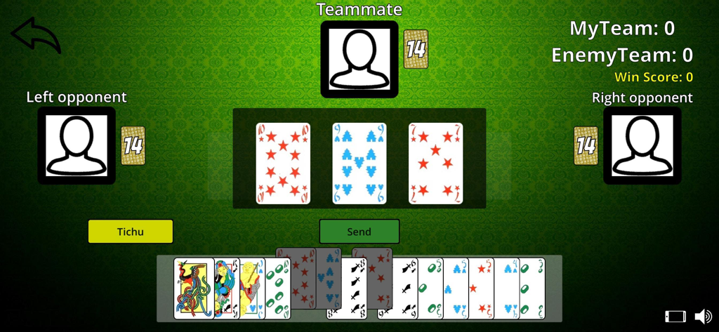 Tichu online and offline - Gameplay screen of the Tichu card game app showing digital cards and player positions