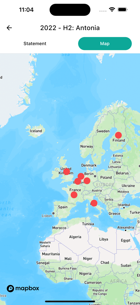 A map visualization within the Curve Royalties app showing music royalty earnings across different European territories with red location markers.