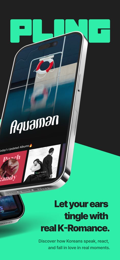 PLING : K-Drama Audio Stories - Pantalla de smartphone mostrando la aplicación PLING con historias de audio de romance de K-drama.