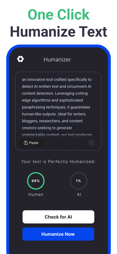 BypassGPT - AI Detector Check - BypassGPT app interface showing a ninety-nine percent human writing score after using the humanize now feature
