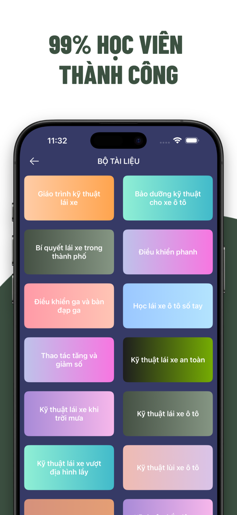 A smartphone screen showing a grid of colorful buttons for various driving study topics in Vietnamese with a success rate claim at the top