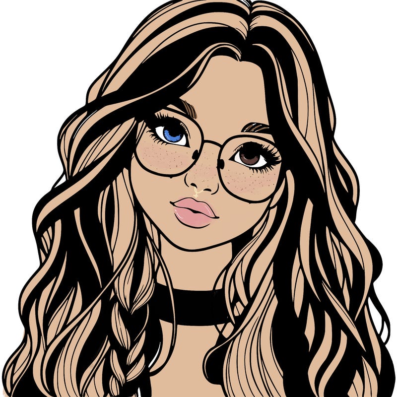 girl with long hair and freckles and glasses realistic