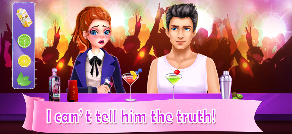 Chloe looks worried at a bar with Alex in High School Dance Love Story