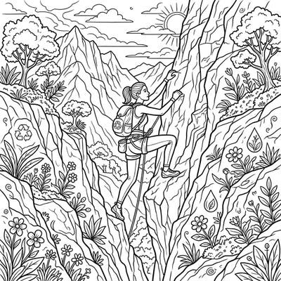 Embark on an inspiring coloring journey with our Earth Day solo climber template. This detailed page celebrates both the thrill of adventure and the beauty of nature.