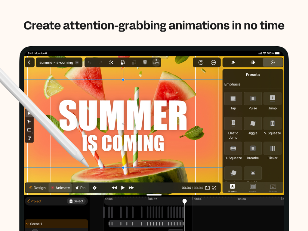 Linearity Move Motion Graphics - Linearity Move app interface on iPad showing motion graphics presets for a summer project.