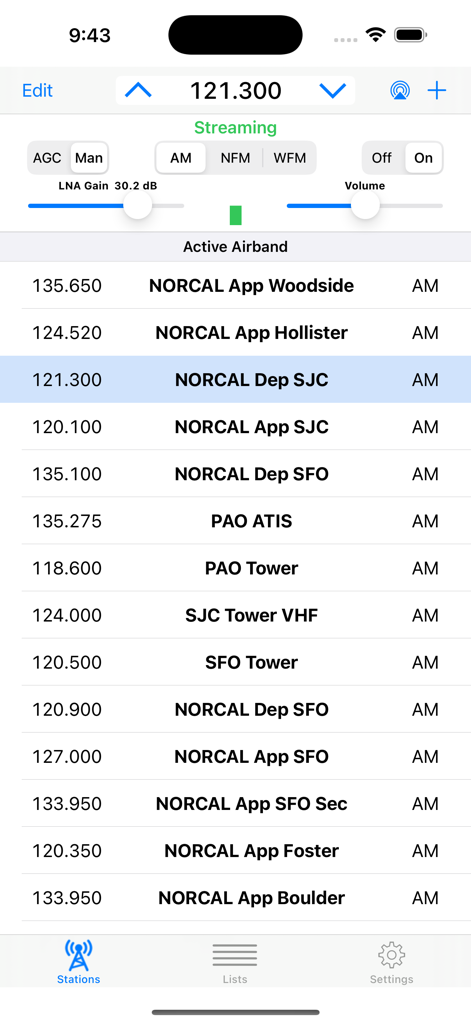 Interface of the SDR Receiver app showing a list of airband radio frequencies and manual signal controls.