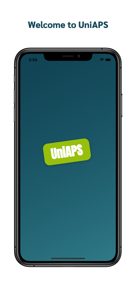 UniAPS - Welcome screen of the UniAPS app on a mobile device showing the logo