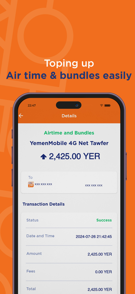 ONE Cash: Digital Wallet - Tela de confirmação para uma recarga bem-sucedida de crédito de celular Yemen Mobile no aplicativo de carteira digital ONE Cash.