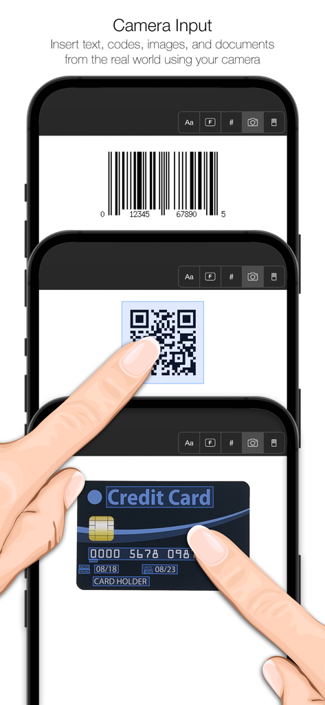 La aplicación Mobile Mouse muestra la función de entrada de cámara para escanear códigos de barras, códigos QR y documentos