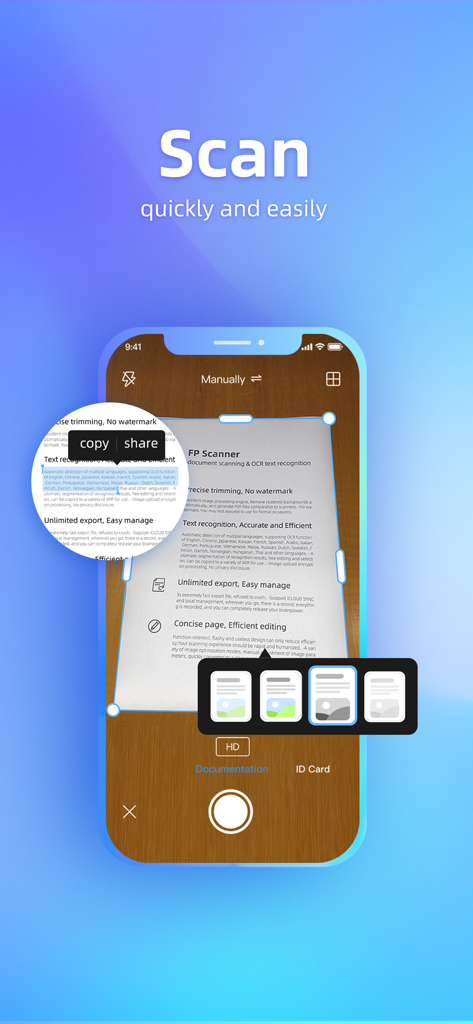 FP Scanner Mobile App-Oberfläche, die Dokumentenscan und OCR-Texterkennung zeigt