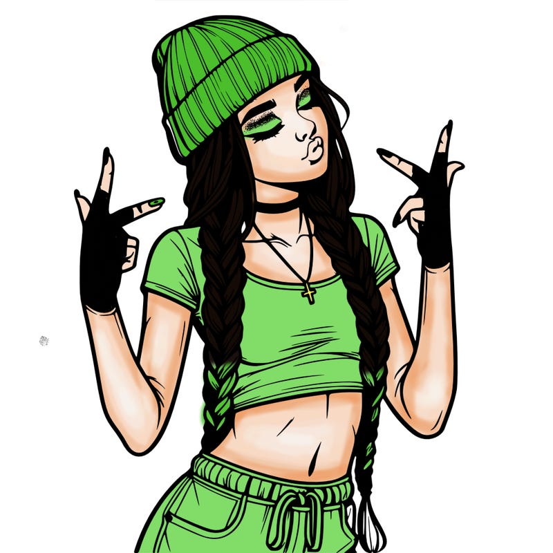 realistic teenage girl with braids and a beanie and crop top doing 🫶🏼