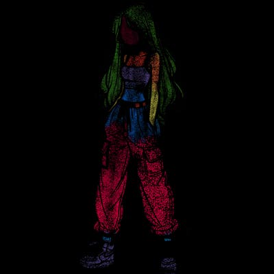 girl in baggy pants crop top and long hair