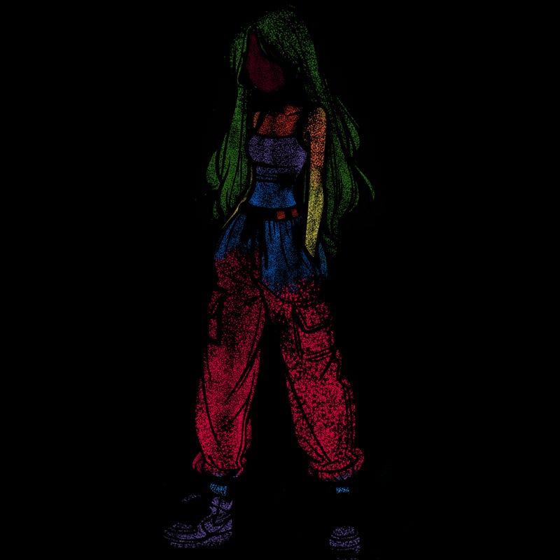 girl in baggy pants crop top and long hair