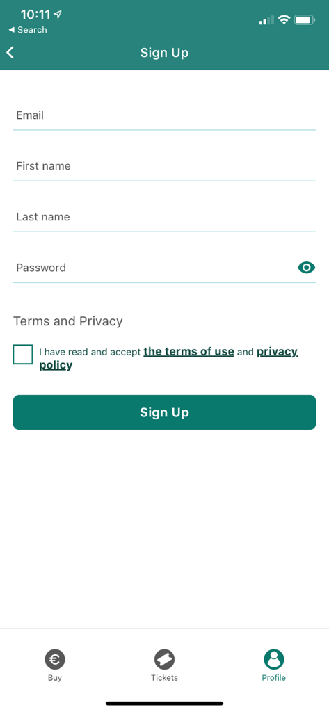 TFI Go - Sign up screen of the TFI Go app showing fields for email, first name, last name, and password with a sign up button.